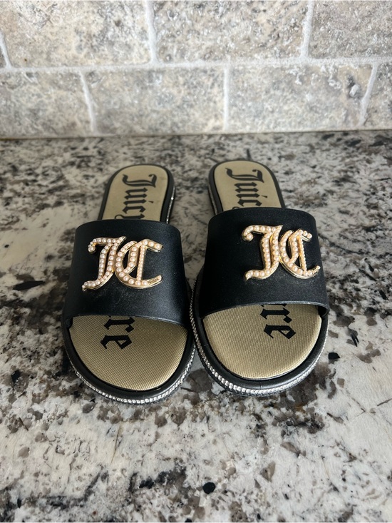 Juicy Couture Shoes - Juicy Couture Black Slides with Pearl-Embellished JC Logo